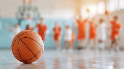 A close-up of a basketball on the court, with players celebrating in the background, showcasing the excitement of the game.