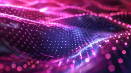 Poster - An abstract digital wave is depicted with neon lights and glowing dots to create a futuristic cyberpunk style