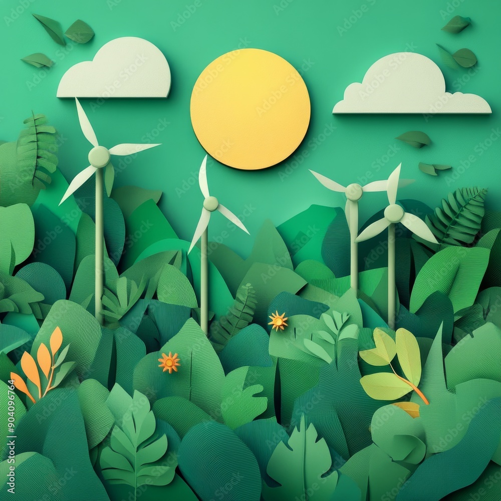 Vibrant green landscape featuring wind turbines, a bright sun, and lush ...