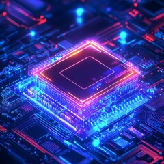 Aufkleber - Futuristic microprocessor illuminated with neon blue and pink lights, symbolizing advanced technology and innovation.