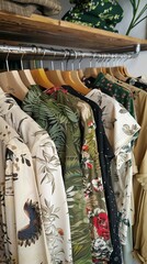 Tropical vibes in the closet: A collection of colorful Hawaiian shirts and floral prints hanging neatly on wooden hangers, ready for a summer adventure.