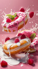 Dynamic Pink Doughnut with Raspberries Splashing