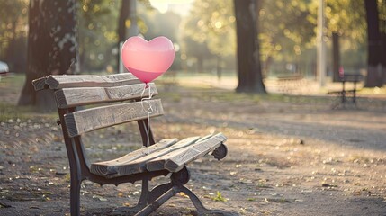 The back of a pink love heart-shaped balloon tied to a park bench, with a serene park scene in the background.