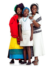 African family, clothes and kid portrait in studio, proud heritage and tradition on white background. Parents, happiness and teenager daughter for fashion culture, confident and love for support