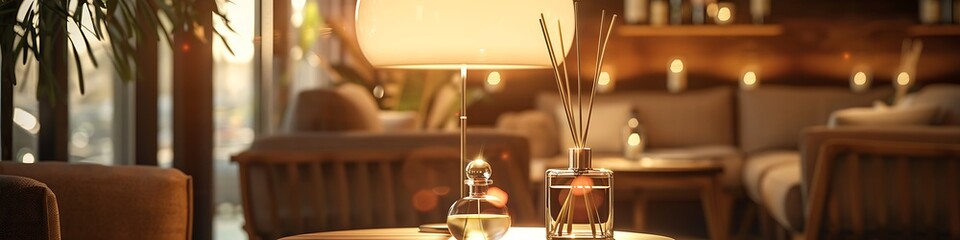 Poster - Reed diffuser, restaurant night setting, stand table with perfume, living room background, glass lamp, wooden side tables, high resolution.