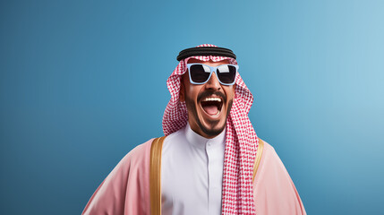 an Arabic man wearing sunglasses and traditional clothes in front of blue background