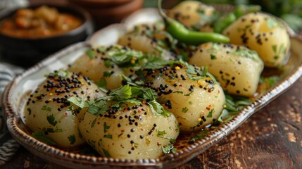 Poster - indian culinary delicacy, soft dhoklas topped with a tangy mustard seeds, curry leaves, and green chilies tempering, served elegantly on a porcelain tray