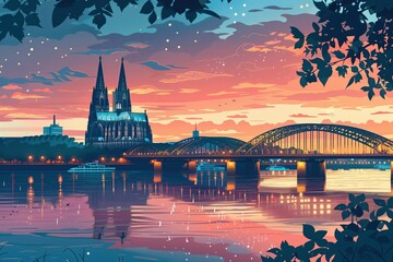 Wall Mural - cologne landmarks, cologne cathedral and hohenzollern bridge, germany, minimal flat design illustrat