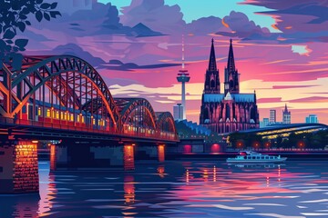 Wall Mural - cologne landmarks, cologne cathedral and hohenzollern bridge, germany, minimal flat design illustrat