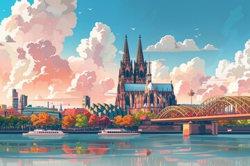 Wall Mural - cologne landmarks, cologne cathedral and hohenzollern bridge, germany, minimal flat design illustrat