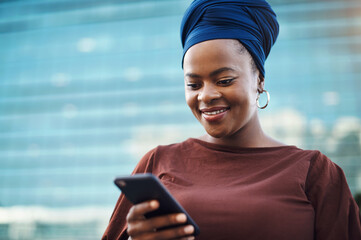 Aufkleber - Black woman, cellphone and scroll in city for business, networking and app for directions. Technology, corporate female person and online in street for connectivity, communication or travel for work