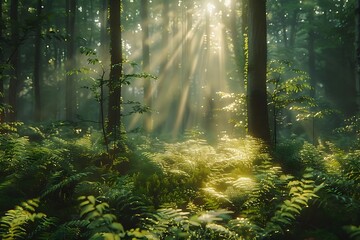 Canvas Print - Sunlight Streaming Through Forest Trees Illustration