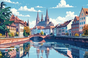 Wall Mural - Strasbourg landmarks, Strasbourg Cathedral and Petite France, France, minimal flat design illustration, No logo, No Trademark, No text, minimal concept with copy space for stock photo
