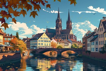 Wall Mural - strasbourg landmarks, strasbourg cathedral and petite france, france, minimal flat design illustrati