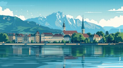 Wall Mural - geneva landmarks, jet deau and st pierre cathedral, switzerland, minimal flat design illustration, n