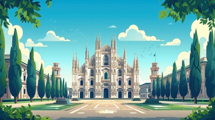 Wall Mural - milan landmarks, duomo and sforza castle, italy, minimal flat design illustration, no logo, no trade