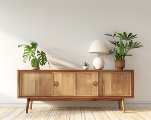 Wall Mural - Retro sideboard, minimalist decor with lamp and plants, white wall background, living room closeup, detailed image.