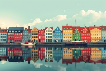 Wall Mural - Copenhagen landmarks, Little Mermaid and Nyhavn, Denmark, minimal flat design illustration, No logo, No Trademark, No text, minimal concept with copy space for stock photo