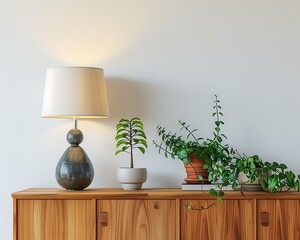 Poster - Retro sideboard, minimalist decor with lamp and plants, white wall, living room, closeup shot, detailed image.