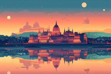 Wall Mural - budapest landmarks, buda castle and parliament, hungary, minimal flat design illustration, no logo, 