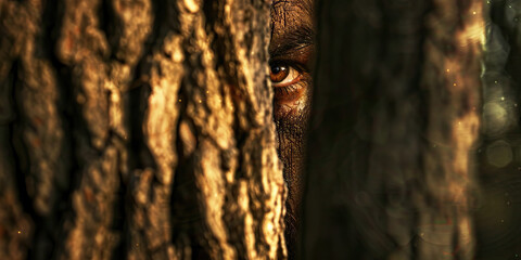 A lone figure hides in the shadows, peeking out from behind a tree