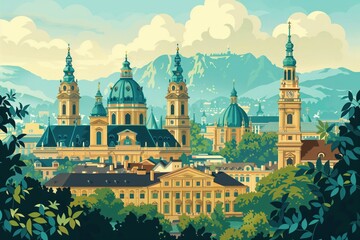 Wall Mural - vienna landmarks, schonbrunn palace and st stephens cathedral, austria, minimal flat design illustra