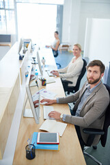 Poster - Portrait, business people and teamwork in office, pc and news agency with deadline. Project, group and employees with internet, cooperation or planning with documents, magazine and report for review