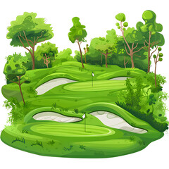 panoramic view of golf course. golf field with a rich green turf beautiful scenery isolated on white background, png