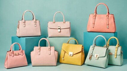 A series of stylish handbags on a pastel background