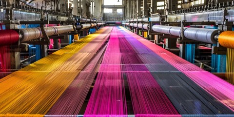 Poster - Textile factory with looms weaving colorful fabrics for fashion industry