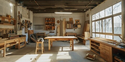 Poster - Woodworking shop with saws and drills crafting custom furniture