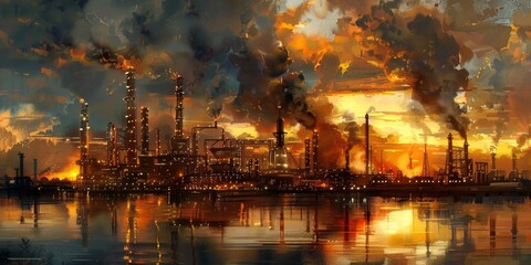 Poster - Chemical refinery processing crude oil into refined petroleum products