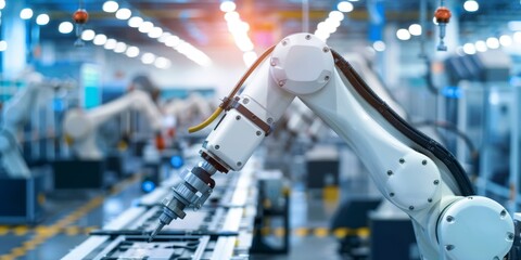 Poster - High-tech factory floor with automated robots assembling precision components