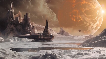 Wall Mural - A future spacecraft is stationed beneath a massive star in a rough icy setting