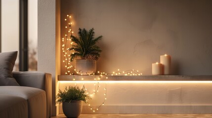 minimalist christmas decor, minimalist christmas decor twinkling fairy lights elegantly draped around a potted evergreen plant, creating a warm, sophisticated look in a modern setting