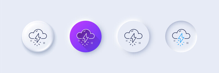 Poster - Thunderstorm weather line icon. Neumorphic, Purple gradient, 3d pin buttons. Thunderbolt with cloud sign. Bad day symbol. Line icons. Neumorphic buttons with outline signs. Vector