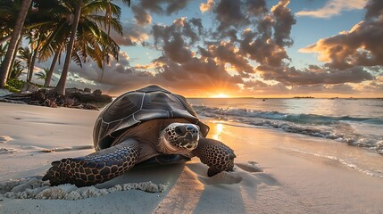 Wall Mural - A gigantic tortoise at sunset on a beach with coconut palms