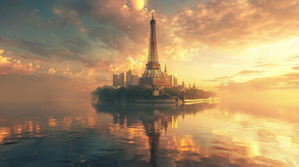 Paris on an island, concept background at sunrise. The Eiffel Tower and city skyline should be bathed in warm, golden light, surrounded by tranquil water. The scene should emphasize the elegance and