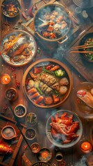 Canvas Print - Asian hot pot meal on a wooden table. Traditional style. The image captures various ingredients and dishes in a cozy, warm setting. Ideal for culinary blogs and restaurant promotions. AI