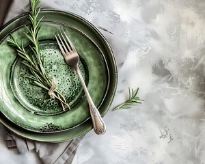 Silver cutlery on green ceramic plates, grey linen napkin, rosemary sprigs, top view, concrete background, high resolution.