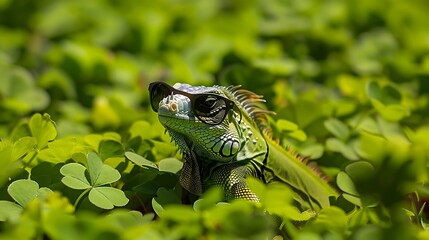 Wall Mural - A green iguana resting amid a field of green clovers is sporting sunglasses