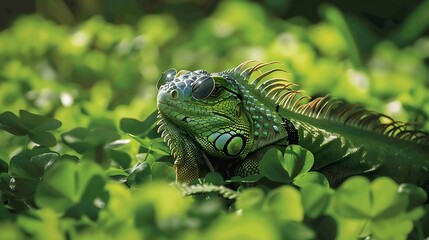 Wall Mural - A green iguana resting amid a field of green clovers is sporting sunglasses