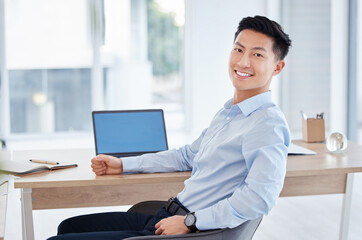 Leinwandbilder - Portrait, laptop and Asian man in office for business, career or mockup space. Face, smile and employee on computer with professional insurance agent working on policy, research or email in Singapore