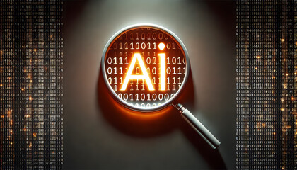 Poster - Magnifying glass examining binary code and digital data for security analysis and technology innovation  Cyber intelligence and information system