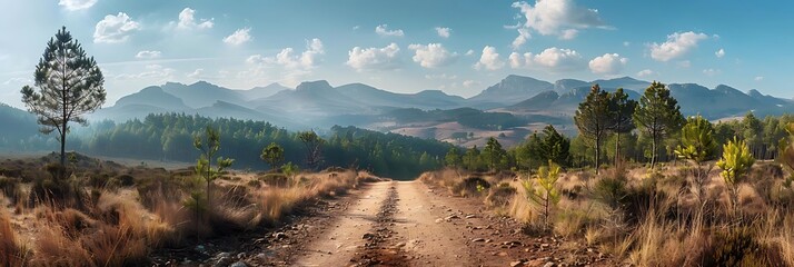 Canvas Print - Photo of a Dirt Road Leading Through a Mountain Pass with Green Trees and a Blue Sky with White Clouds