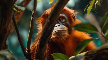 Wall Mural - A happy red monkey glancing at the zoo camera