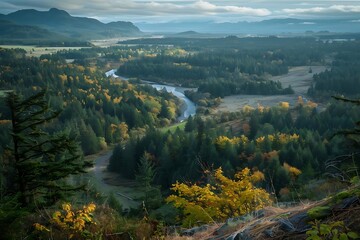 Canvas Print - Aerial View of a River Winding Through a Forested Valley in Autumn Landscape Photo