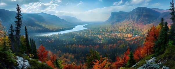 Canvas Print - Autumn Mountain Landscape Illustration with River and Forest