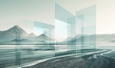 Minimalist landscape fractured by geometric lines, nature's tranquility disrupted by abstract forms