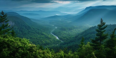 Canvas Print - A Stunning View of a Valley with Rolling Hills and a Winding River - Realistic Landscape Image